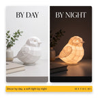 Illustration: split image of the sparrow lamp switched off in daylight and glowing warmly at night