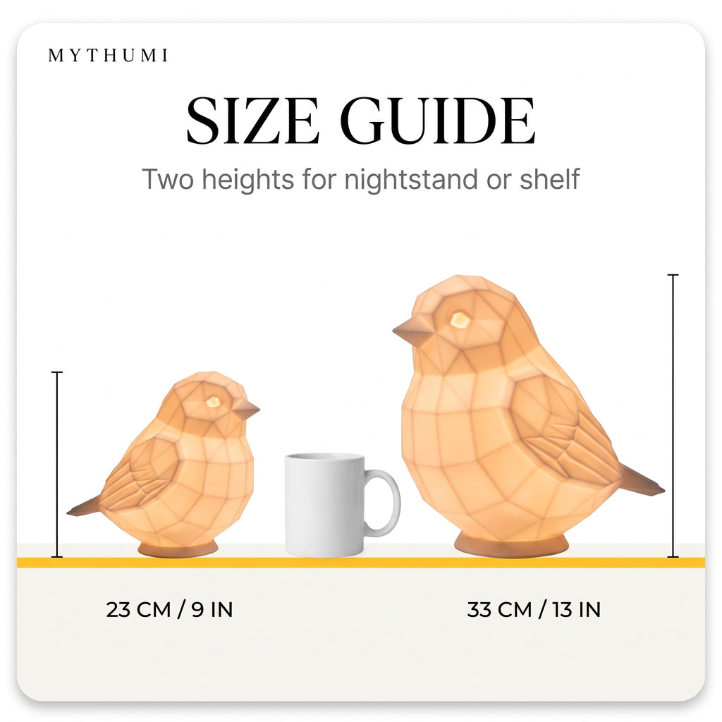 Illustration: size guide showing the sparrow lamp at 23 cm and 33 cm tall beside a coffee mug