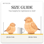 Illustration: size guide showing the sparrow lamp at 23 cm and 33 cm tall beside a coffee mug