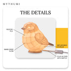 Illustration: labelled diagram of the sparrow lamp showing the PLA shell, warm 3000K glow, E14 bulb and inline switch