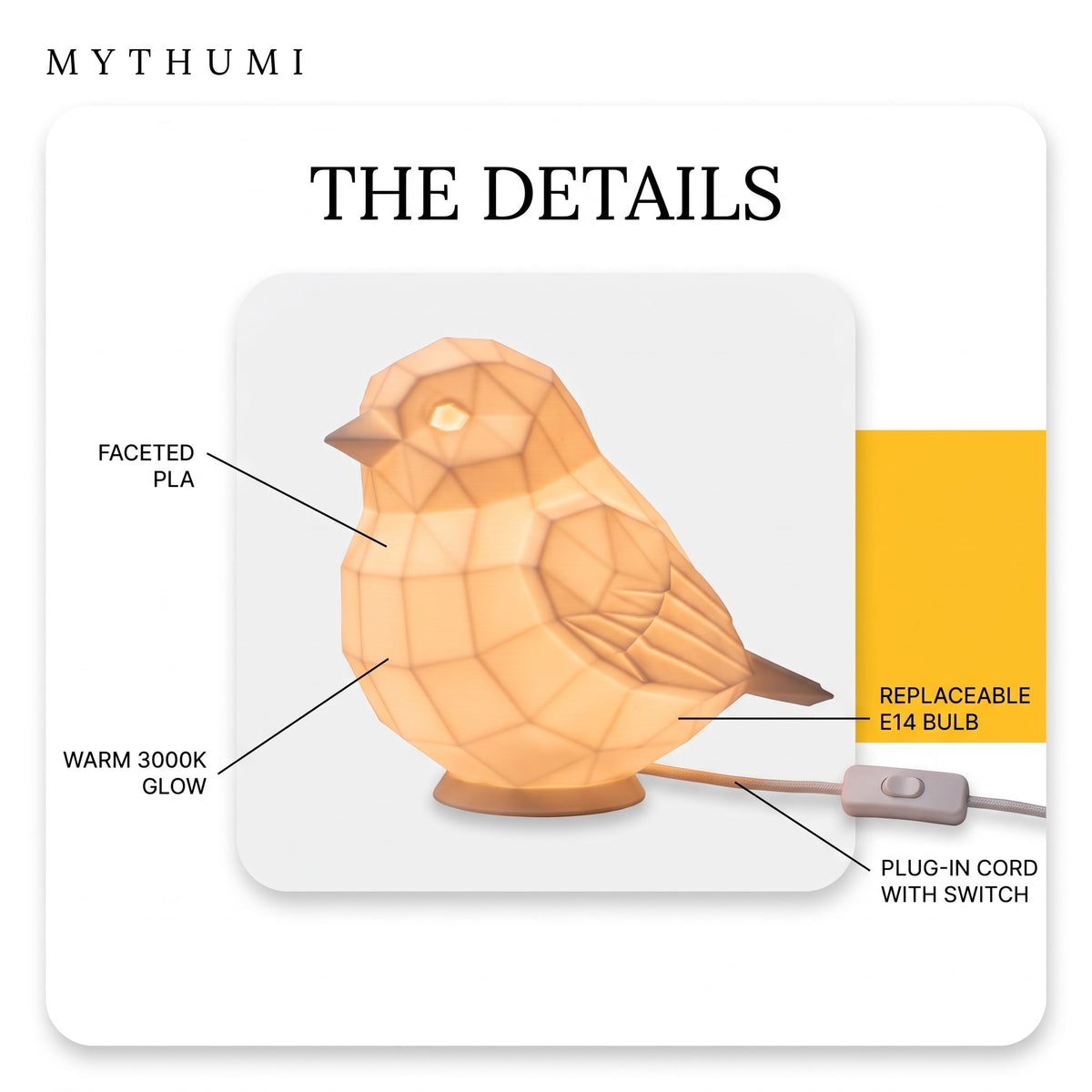 Illustration: labelled diagram of the sparrow lamp showing the PLA shell, warm 3000K glow, E14 bulb and inline switch