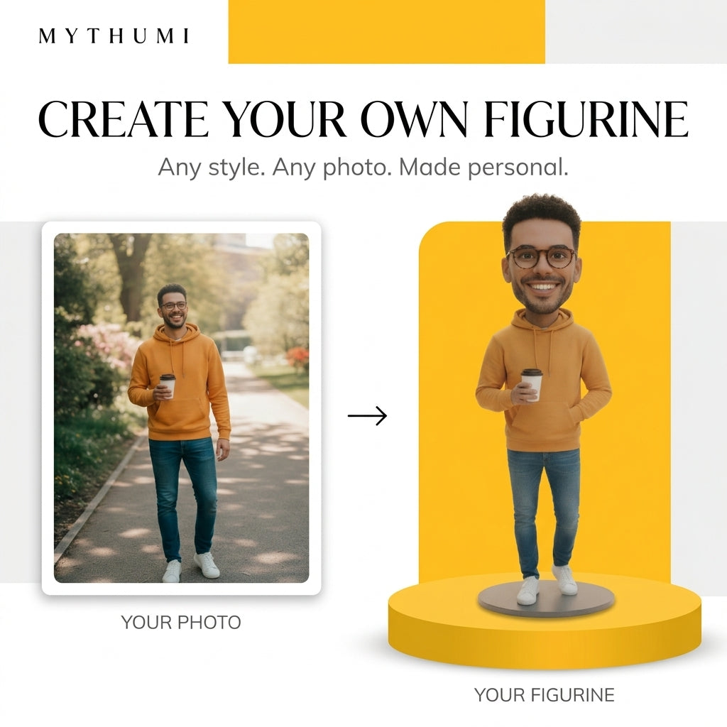 Illustration: before-and-after poster of a portrait photo becoming a free style full-colour figurine