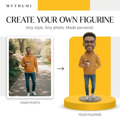 Illustration: before-and-after poster of a portrait photo becoming a free style full-colour figurine