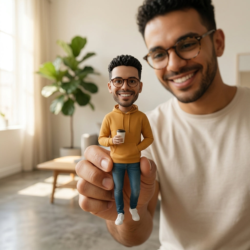 Illustration: a smiling person holding their free style figurine beside a sunny bookshelf at home