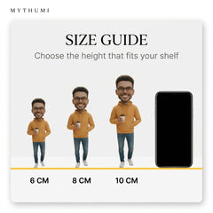 Illustration: size guide showing the free style figurine side by side at 6 cm, 8 cm and 10 cm tall
