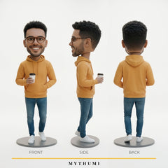 Illustration: front, side and back views of a free style figurine standing on a square base