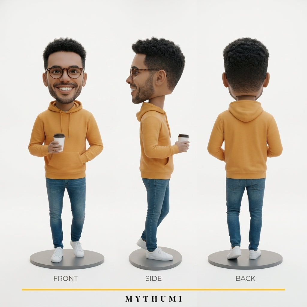 Illustration: front, side and back views of a free style figurine standing on a square base