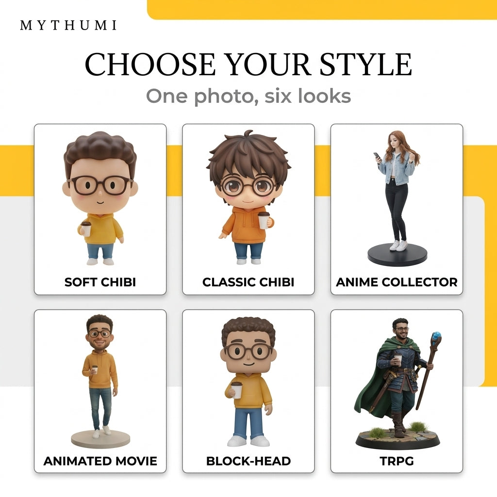 Illustration: showcase of free style figurine variations with different poses, outfits and props