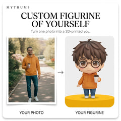 Illustration: before-and-after poster of a selfie turning into a small stylised mini-you figurine