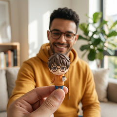 Illustration: a person at their desk smiling at a mini figurine of themselves next to the laptop