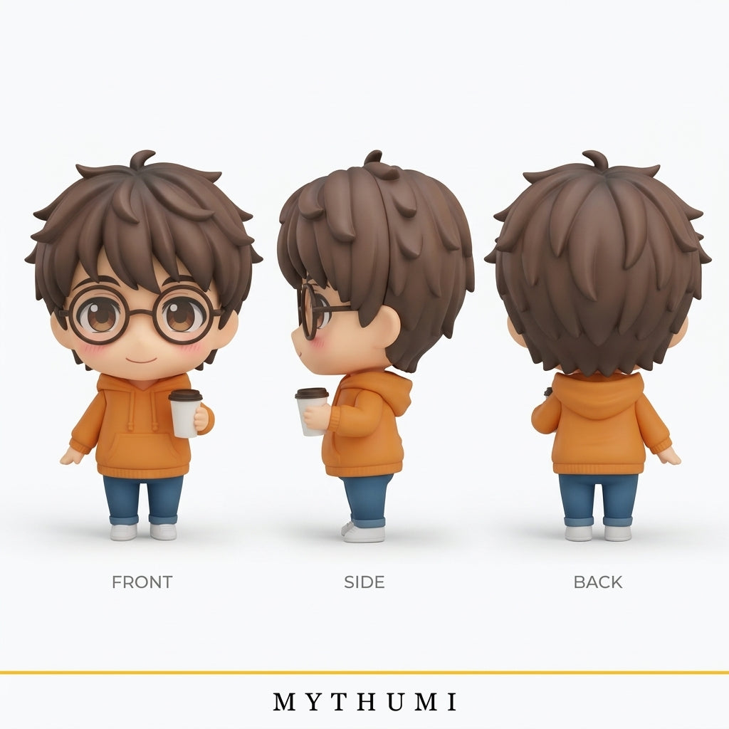 Illustration: front, side and back views of a stylised mini-you figurine on a marble square base