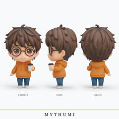 Illustration: front, side and back views of a stylised mini-you figurine on a marble square base