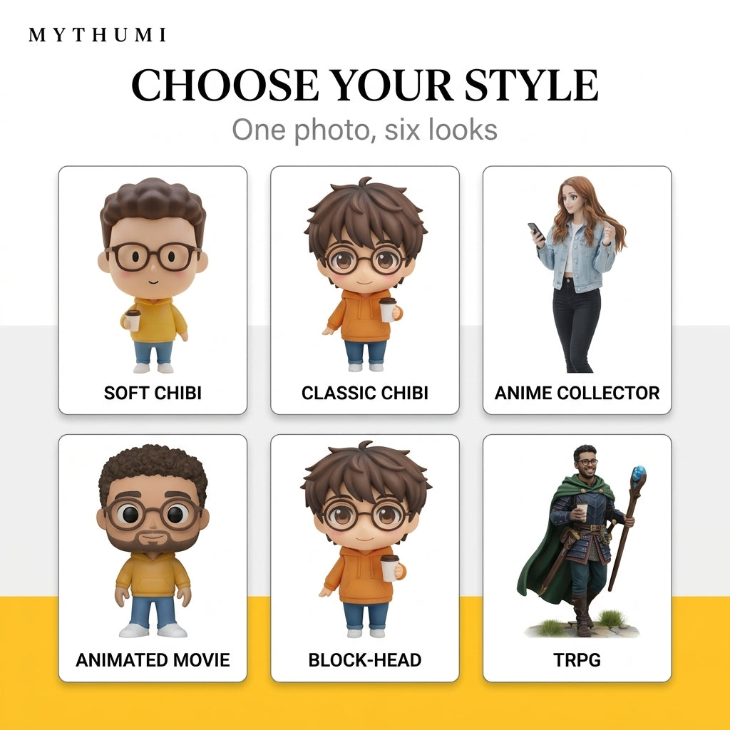 Illustration: showcase of mini-you figurine looks, from casual street wear to themed outfits