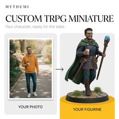 Illustration: before-and-after poster of a player photo becoming a fantasy adventurer miniature
