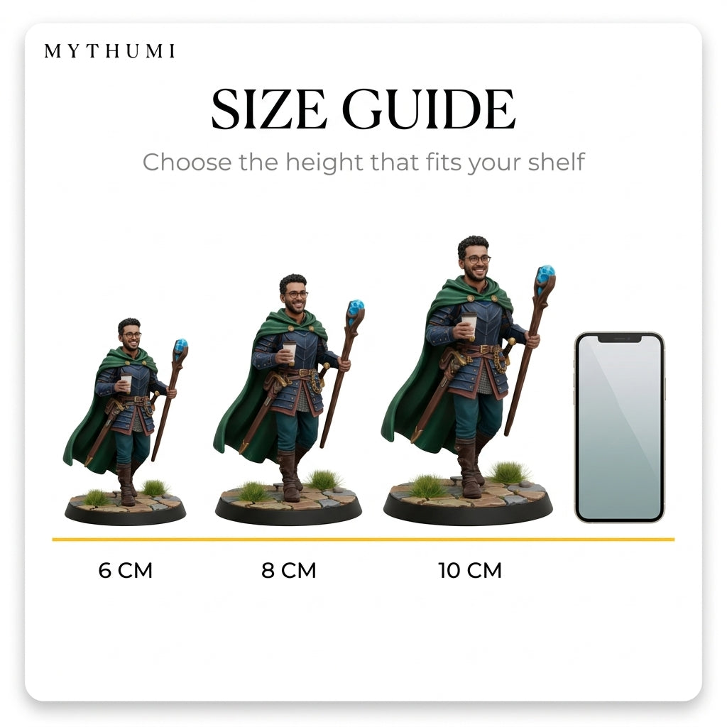 Illustration: the adventurer miniature at 6 cm, 8 cm and 10 cm lined up for size comparison