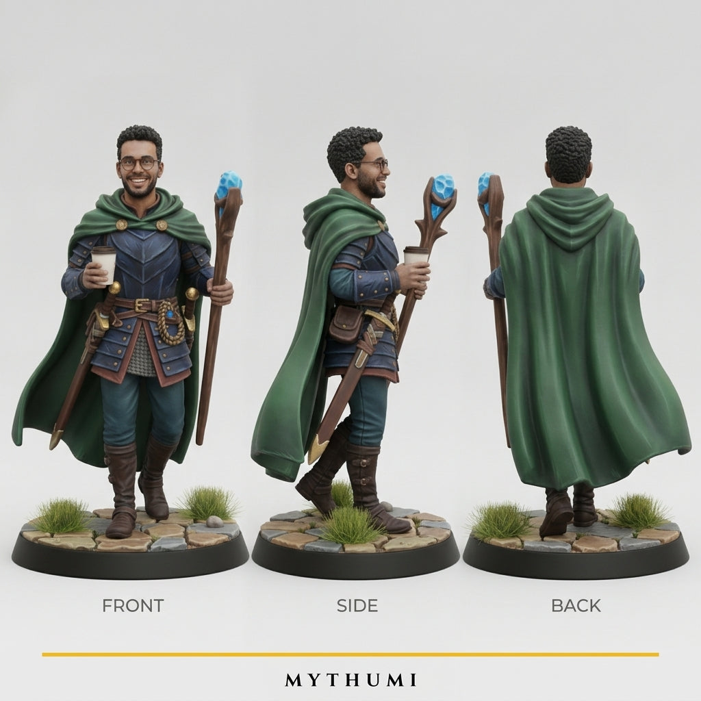 Illustration: front, side and back views of a fantasy adventurer miniature in a dynamic pose