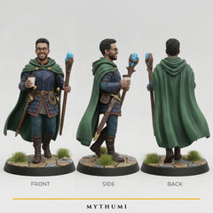 Illustration: front, side and back views of a fantasy adventurer miniature in a dynamic pose