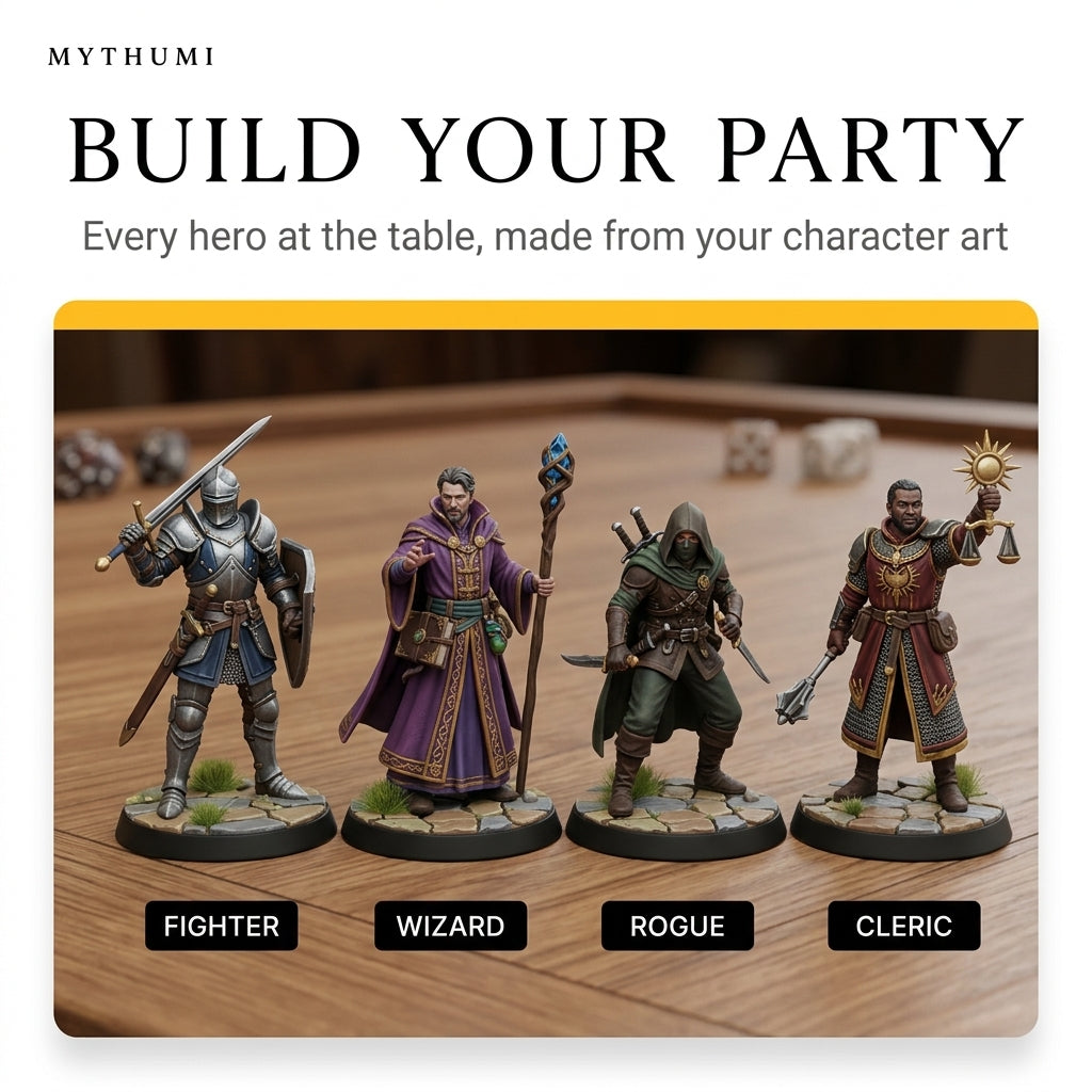 Illustration: a full adventuring party of photo-based tabletop miniatures posed together