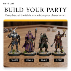Illustration: a full adventuring party of photo-based tabletop miniatures posed together