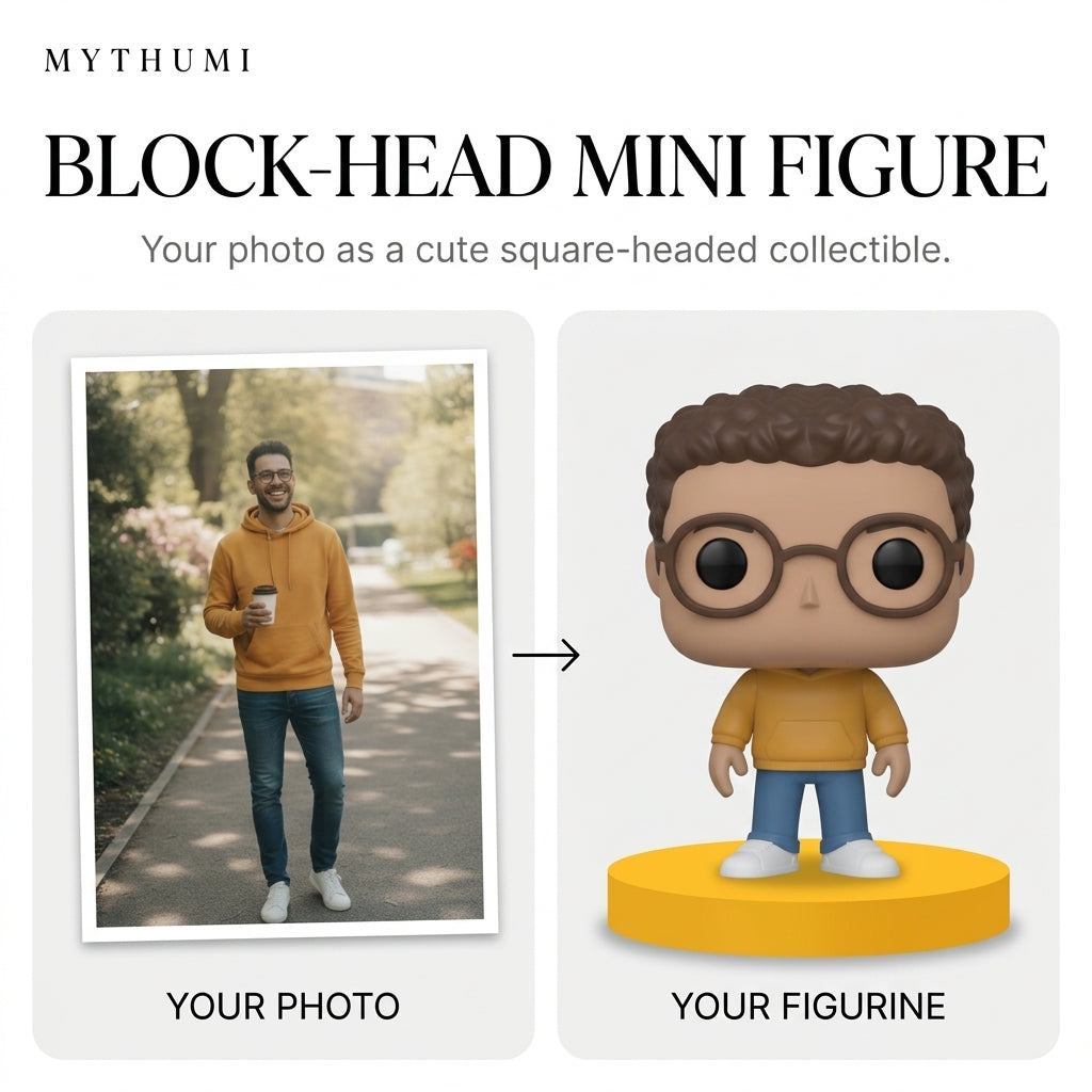 Illustration: before-and-after poster of a portrait photo turning into a cute square-head figurine