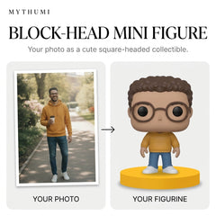 Illustration: before-and-after poster of a portrait photo turning into a cute square-head figurine