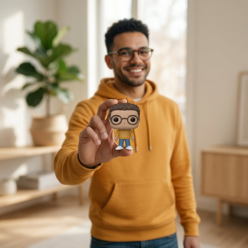Illustration: a person holding up a tiny square-head figurine of themselves with a big grin
