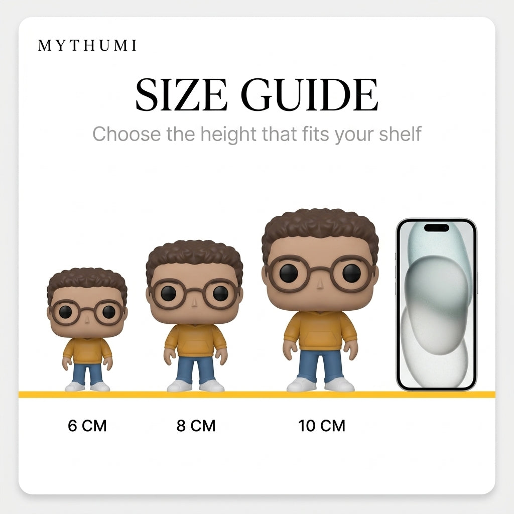 Illustration: the square-head mini figurine shown at 6 cm, 8 cm and 10 cm for size comparison