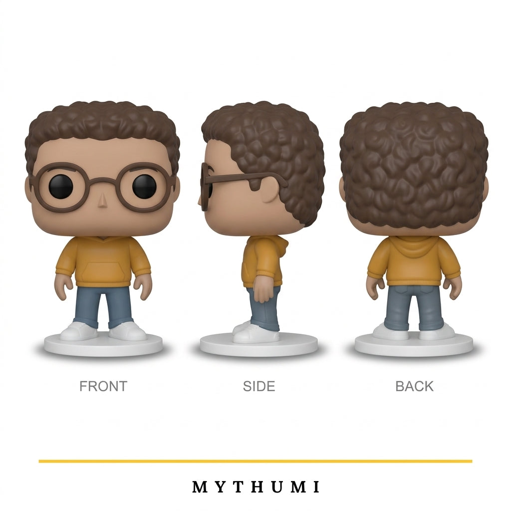 Illustration: front, side and back views of a square-head figurine with block-sculpted hair