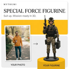 Illustration: before-and-after poster of a portrait photo becoming a tactical operator figurine