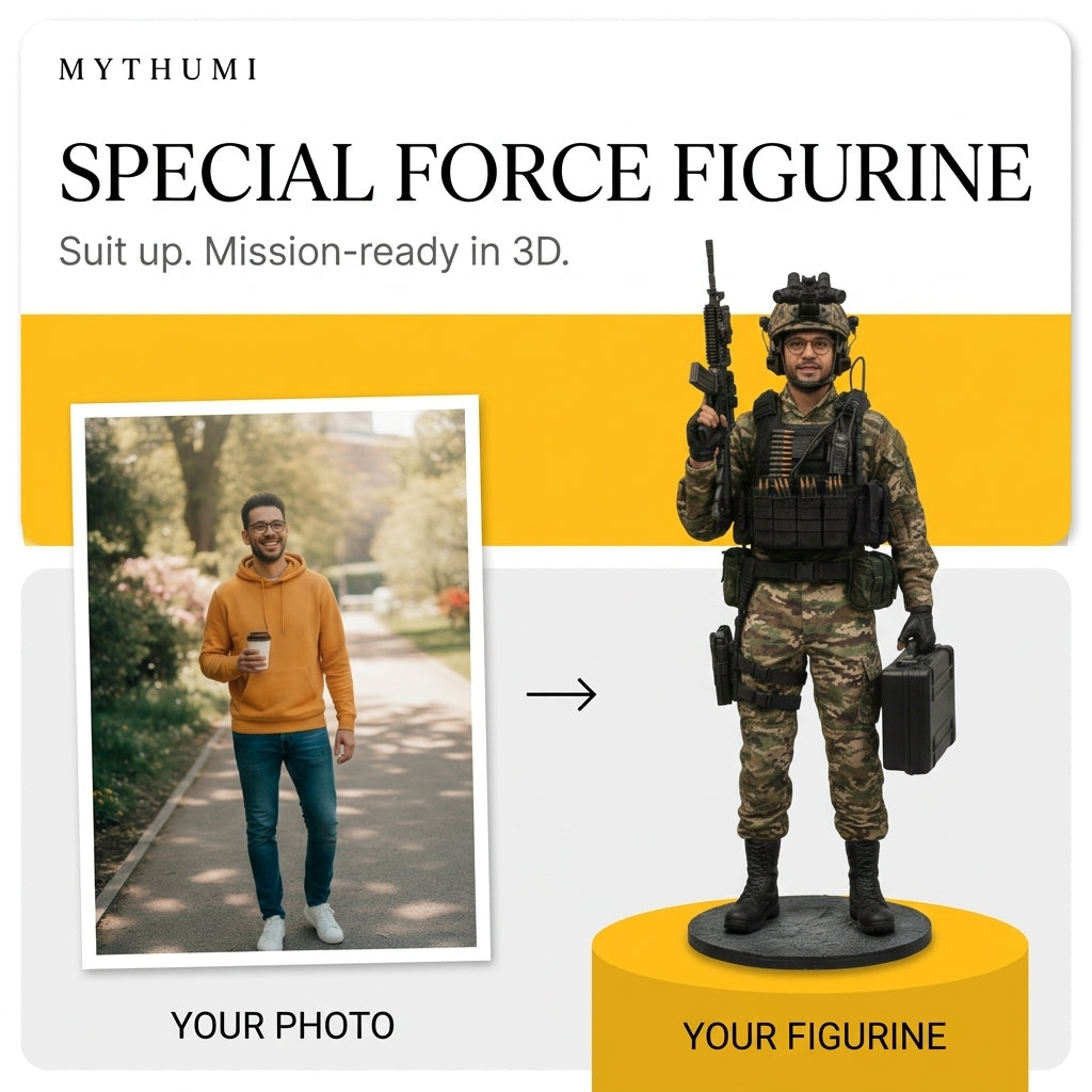 Illustration: before-and-after poster of a portrait photo becoming a tactical operator figurine