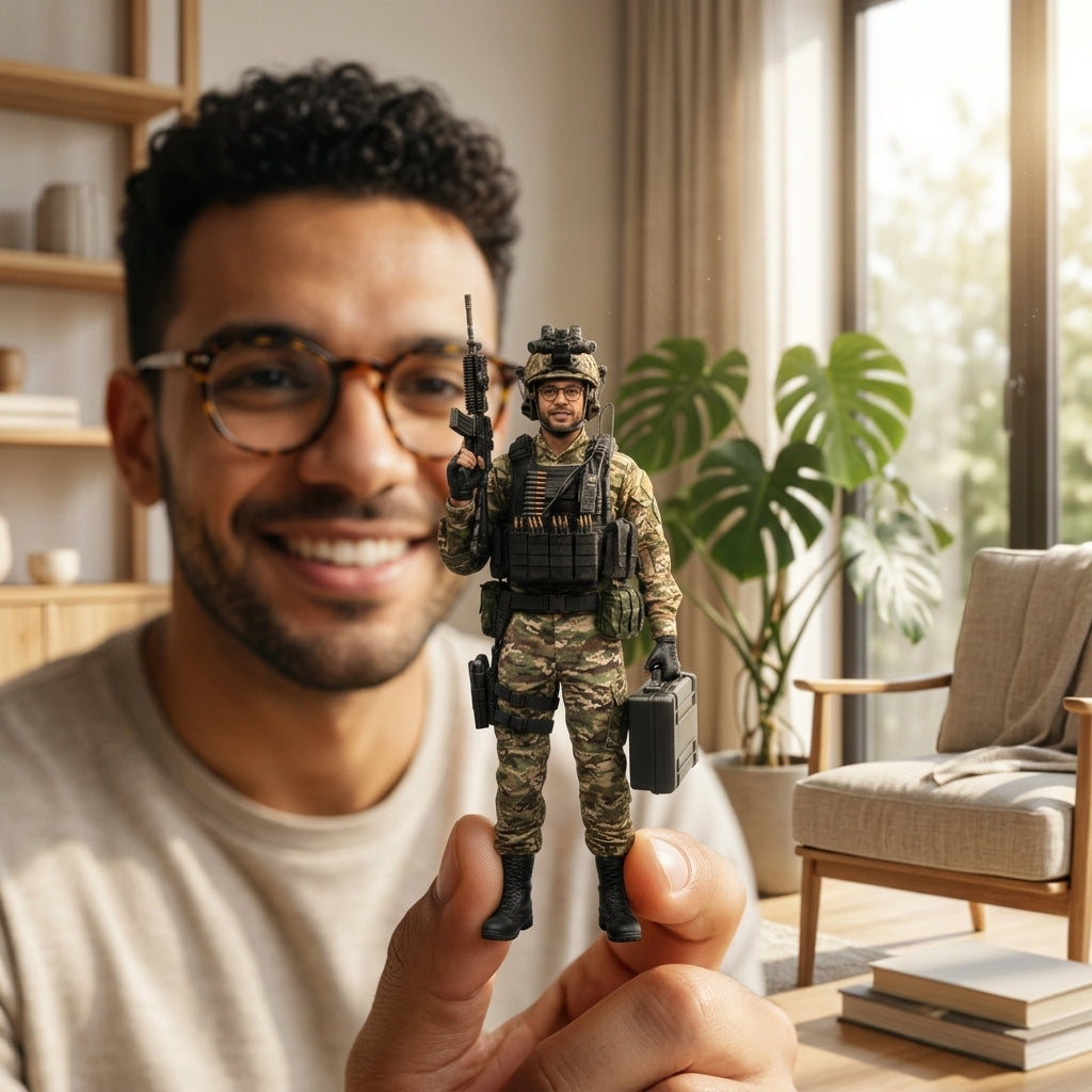 Illustration: a person in a casual jacket holding a tactical operator figurine of themselves