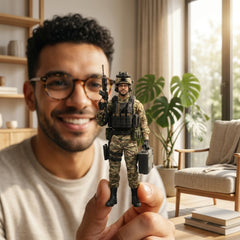 Illustration: a person in a casual jacket holding a tactical operator figurine of themselves