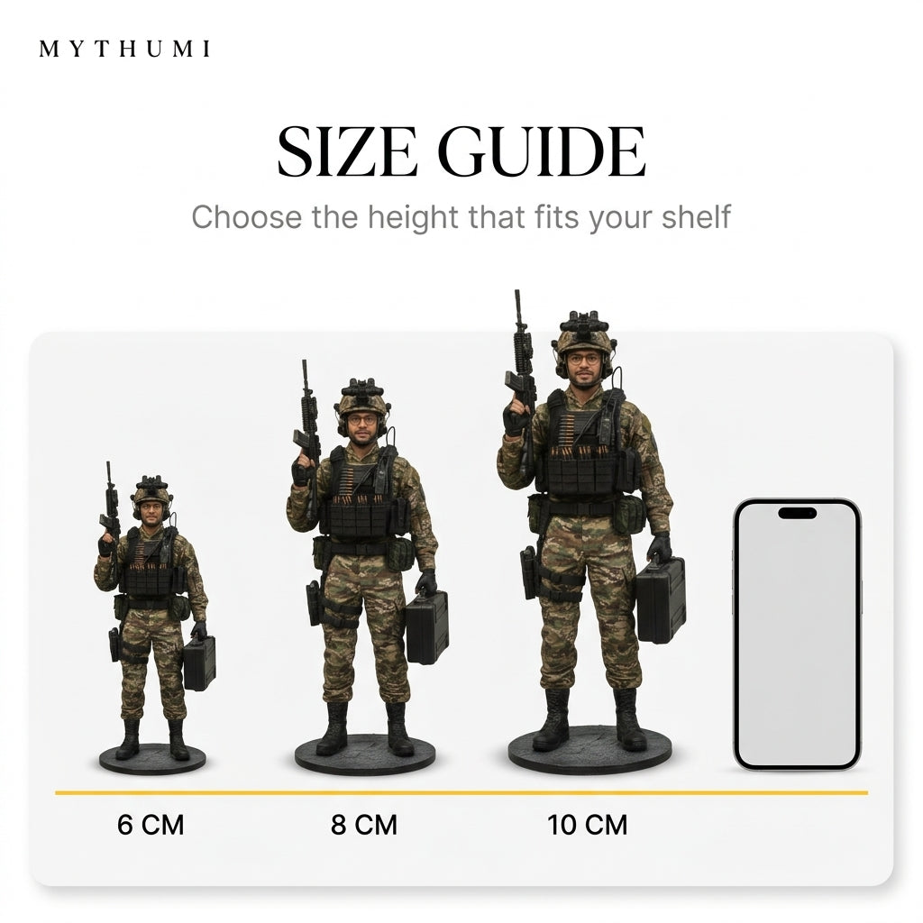 Illustration: the tactical operator figurine at 6 cm, 8 cm and 10 cm shown side by side