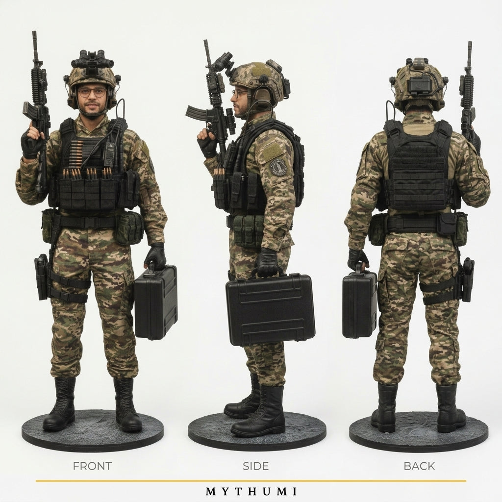 Illustration: front, side and back views of a tactical figurine in helmet and plate carrier