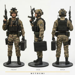 Illustration: front, side and back views of a tactical figurine in helmet and plate carrier