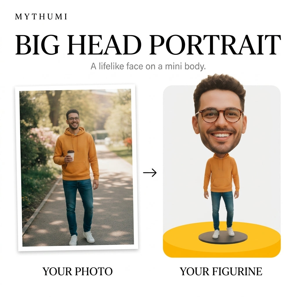 Illustration: before-and-after poster of a headshot becoming an oversized-head portrait figurine