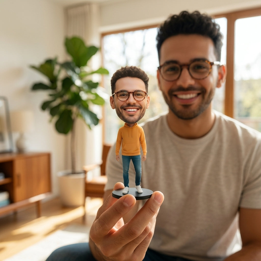 Illustration: a laughing person holding an oversized-head portrait figurine of themselves at eye level