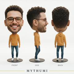 Illustration: front, side and back views of an oversized-head portrait figurine in a relaxed pose