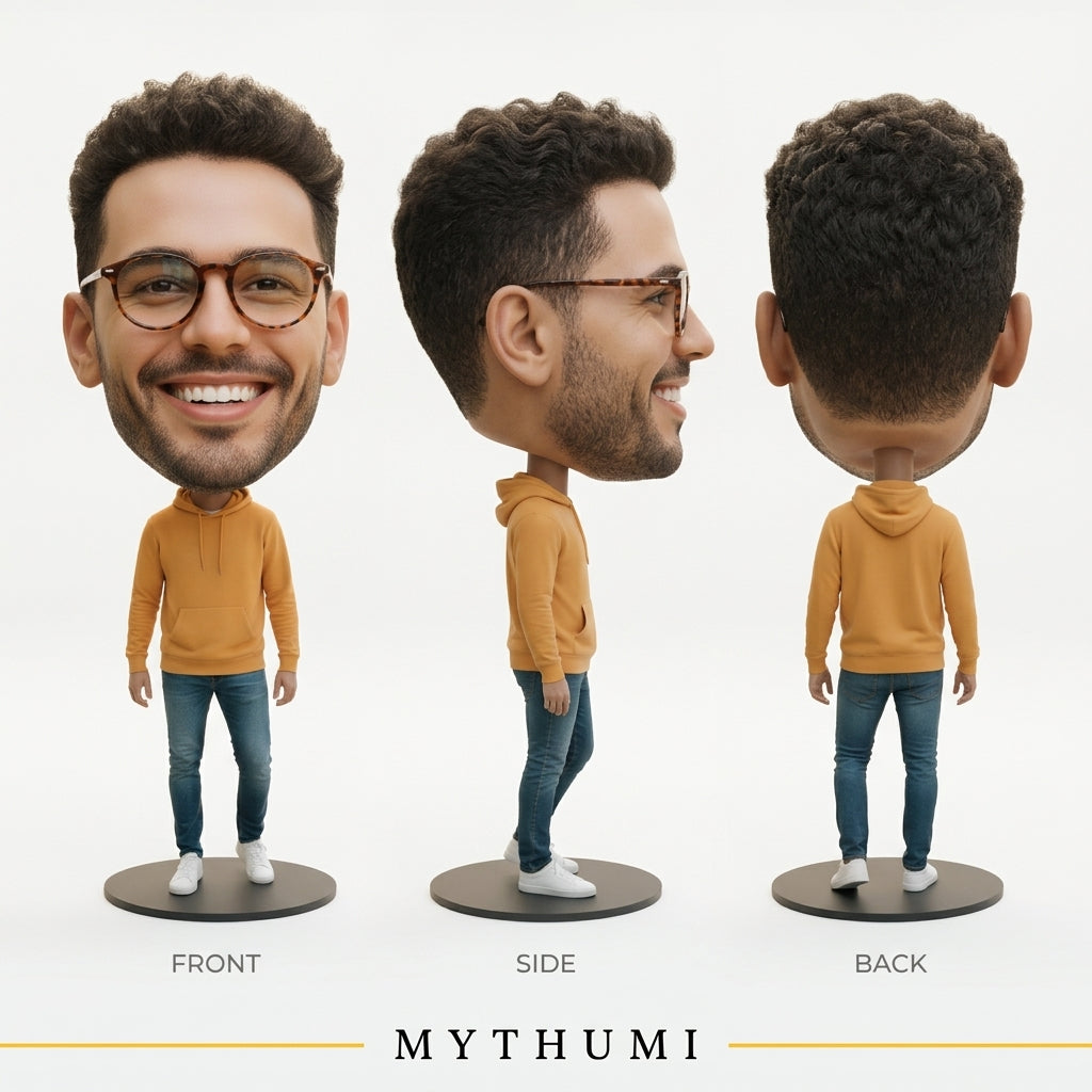 Illustration: front, side and back views of an oversized-head portrait figurine in a relaxed pose
