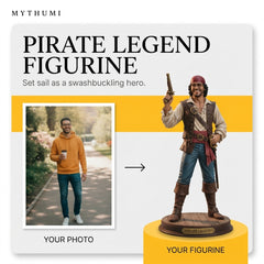 Illustration: before-and-after poster of a portrait photo turning into a pirate captain figurine