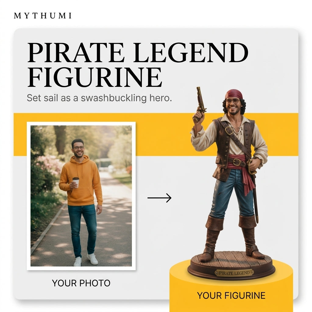 Illustration: before-and-after poster of a portrait photo turning into a pirate captain figurine