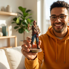 Illustration: a person by a harbour window holding a pirate captain figurine of themselves