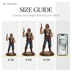 Illustration: the pirate captain figurine at 6 cm, 8 cm and 10 cm lined up for size comparison