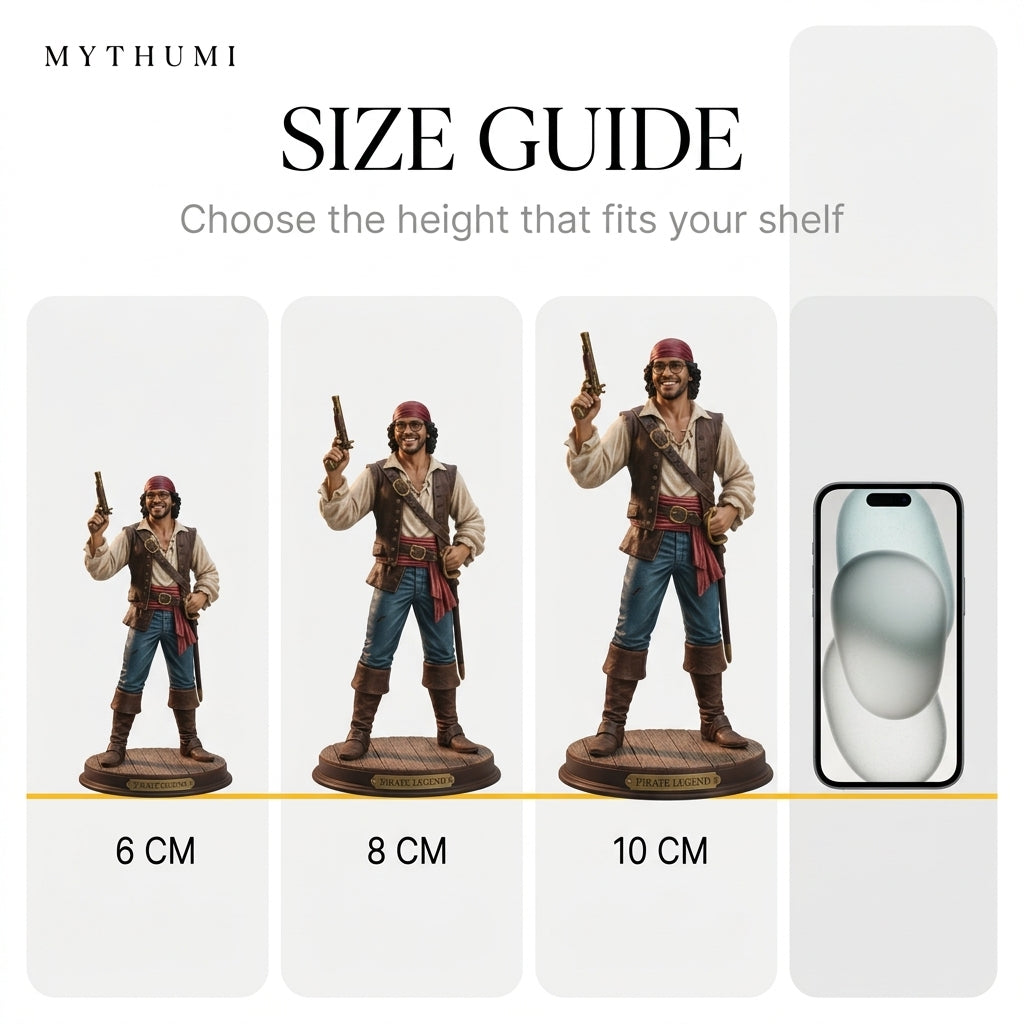 Illustration: the pirate captain figurine at 6 cm, 8 cm and 10 cm lined up for size comparison