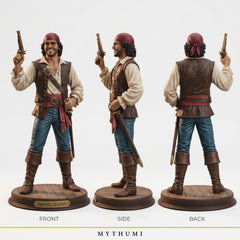 Illustration: front, side and back views of a pirate figurine with tricorn, sash and cutlass