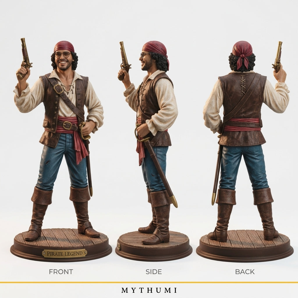 Illustration: front, side and back views of a pirate figurine with tricorn, sash and cutlass