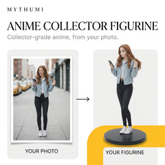 Illustration: before-and-after poster of a portrait photo becoming a tall anime display figurine