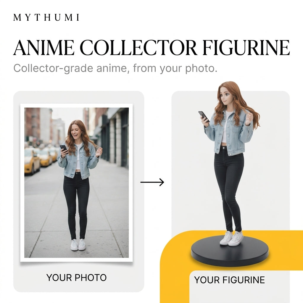 Illustration: before-and-after poster of a portrait photo becoming a tall anime display figurine