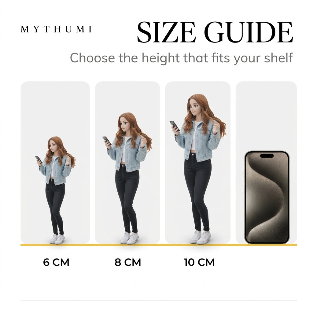 Illustration: the tall anime display figurine at 6 cm, 8 cm and 10 cm shown for size comparison