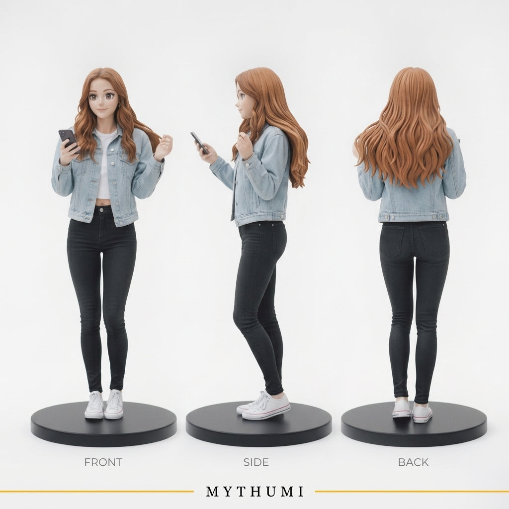 Illustration: front, side and back views of an anime figurine with flowing layered clothing